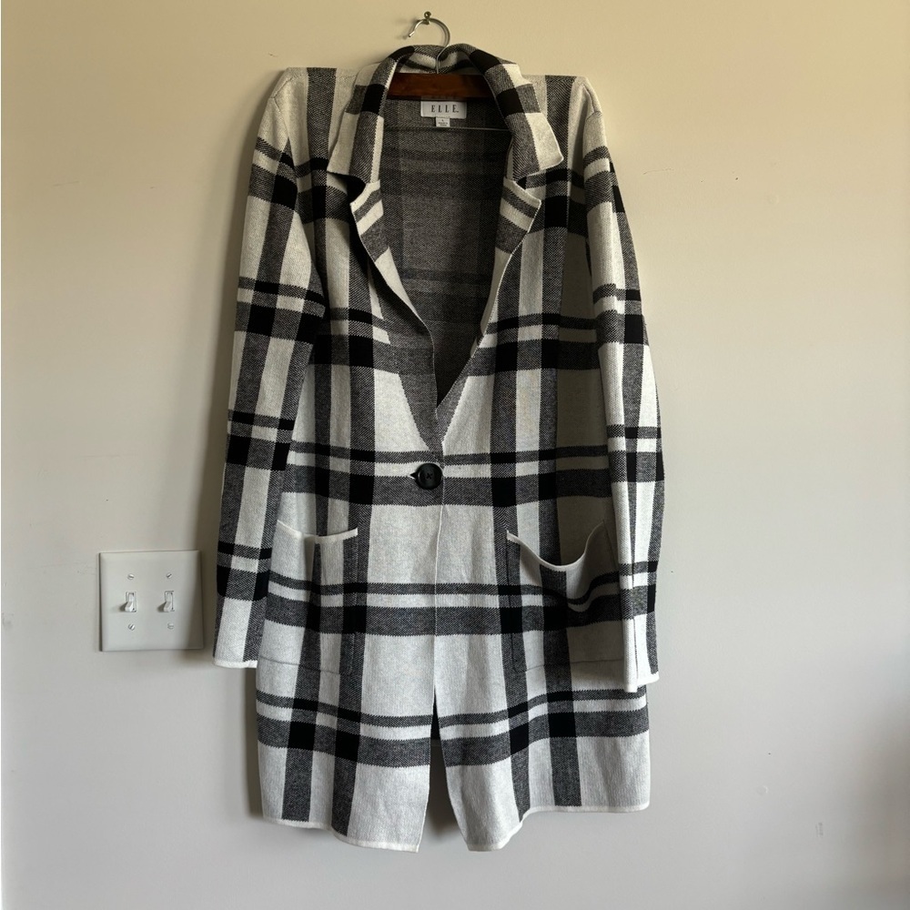 Elle plaided‎ black and white midi length jacket size L - Picture 2 of 6